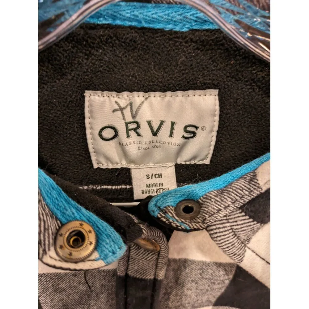 Orvis Women Jacket‎ Small Black White Check Plaid Shacket Fleece Snap Collar